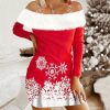 Christmas Snowflake Print Fuzzy Trim Cold Shoulder Dress